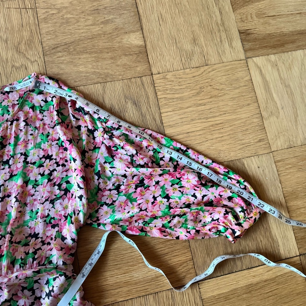 Zara Small Pink Floral Print Bodycon Ruched Mini Dress Tie Waist - Picture 7 of 8